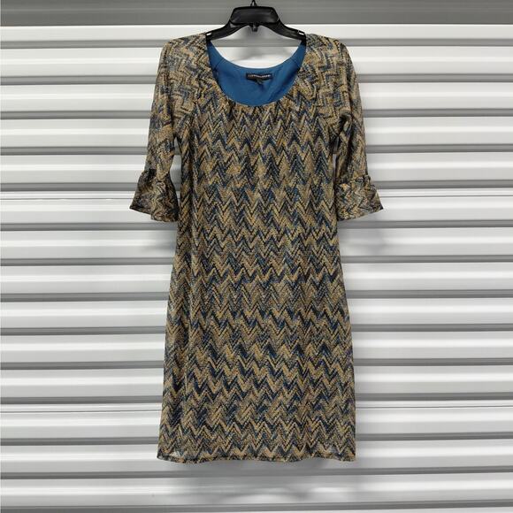 Chris McLaughlin Womens Metallic Chevron Boho Dress Blue Gold Bell Sleeve Size 8 - Picture 1 of 9